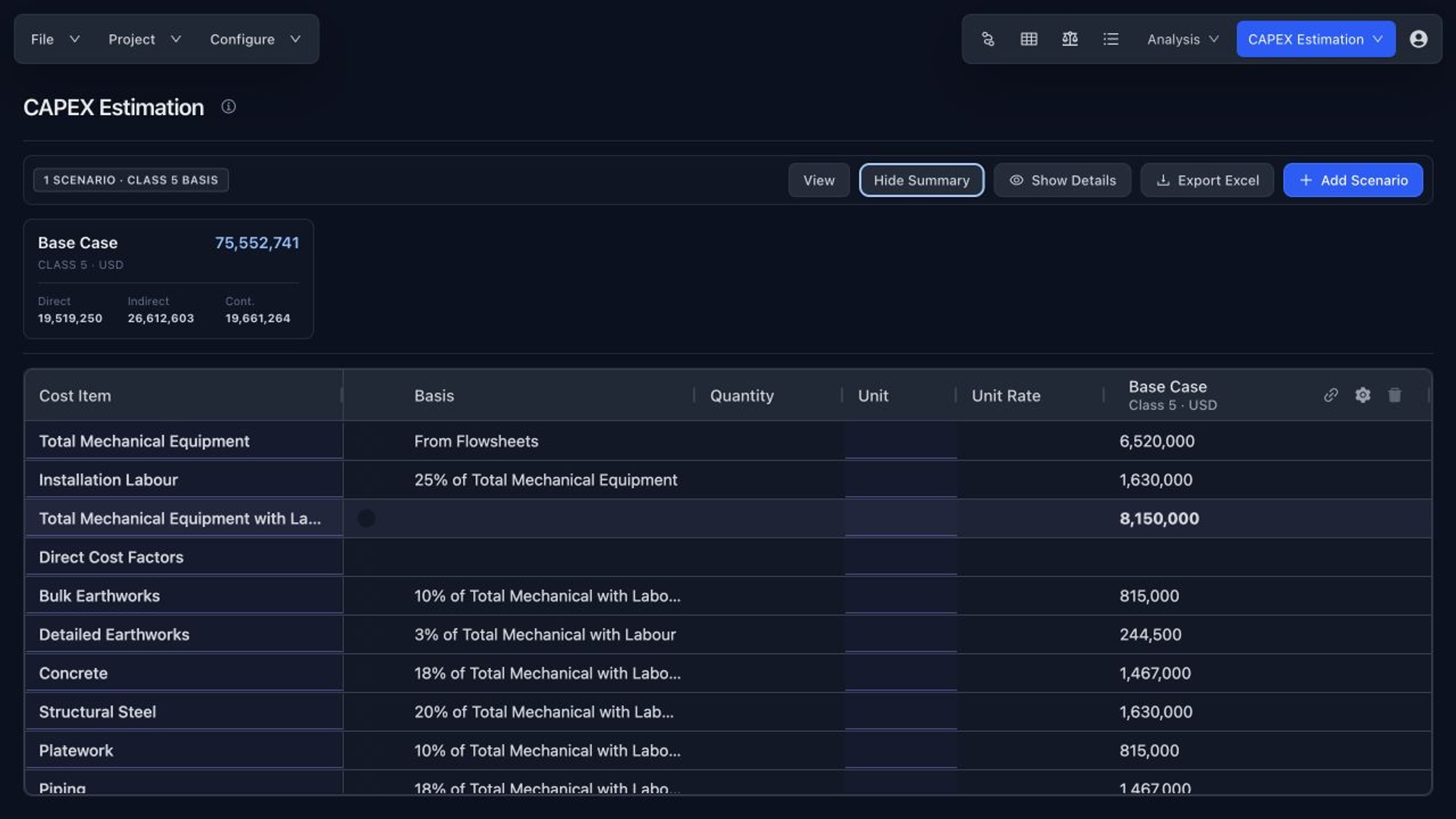 Flowify CAPEX estimation workspace with an estimate scenario and factored cost rows