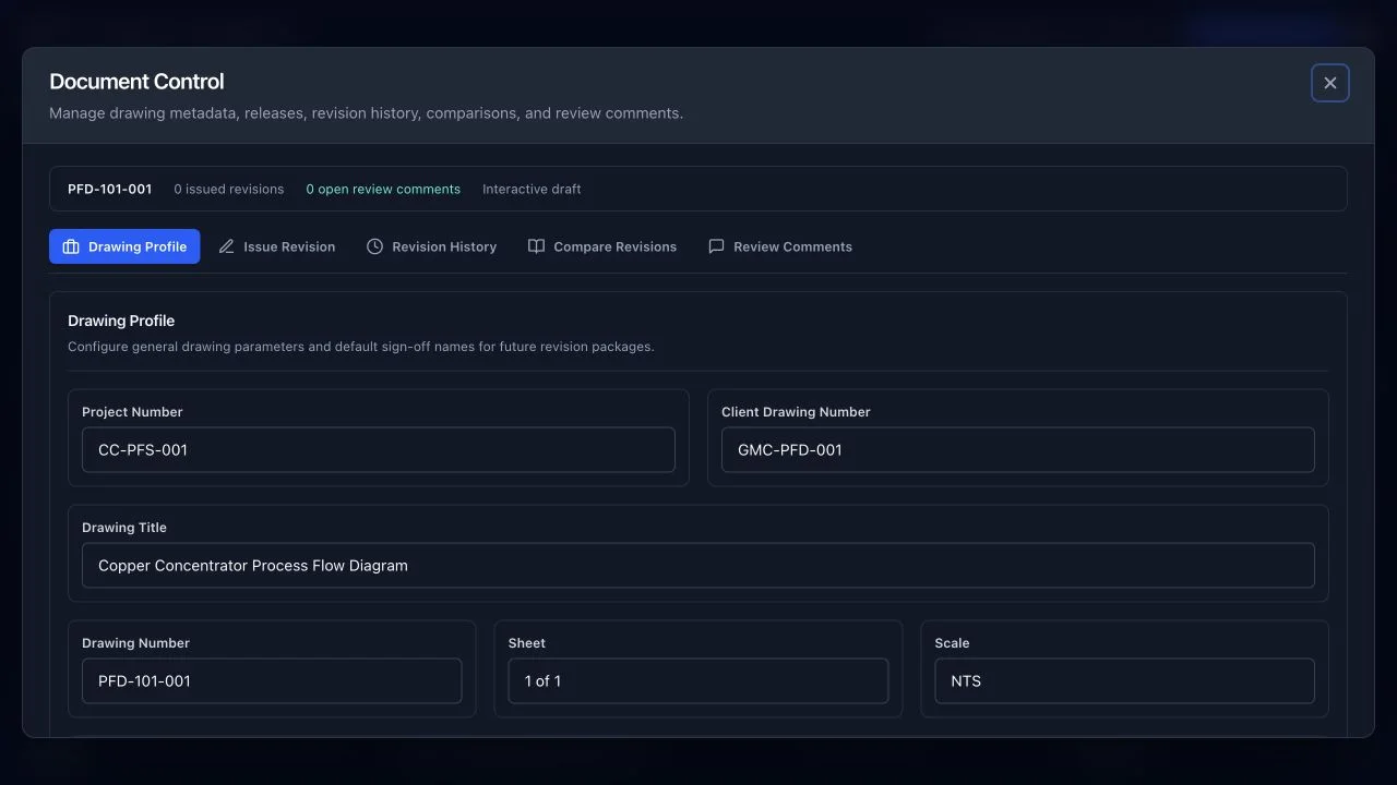 Flowify document control workspace with drawing metadata, revision history, comparisons, and review comments